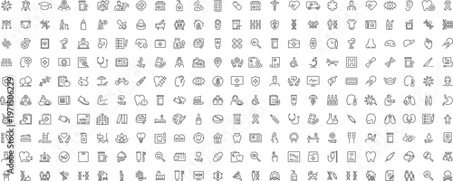 Set of big Medical and Healthcare web icons in line style. Medicine, check up, doctor, dentistry, pharmacy, lab, scientific discovery, collection. Editable stroke.