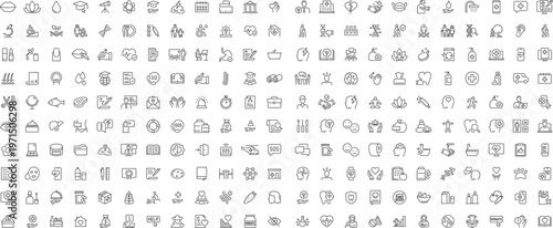 Set of part 1 Medical and Healthcare web icons in line style. Medicine, check up, doctor, dentistry, pharmacy, lab, scientific discovery, collection. Editable stroke.