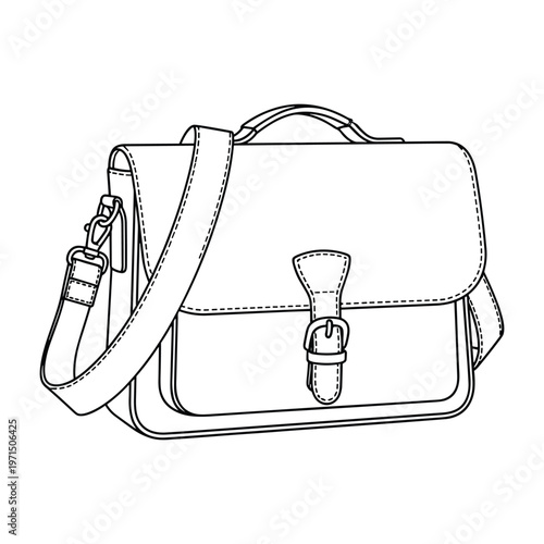 A classic line drawing of a leather messenger bag with a shoulder strap and top handle.