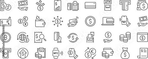 Payment web 36 icons in line style. Money, payment methods, pay online, card, business, wallet, bank, collection. Editable stroke.