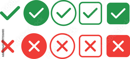 Check mark icon set with green tick and red cross symbols representing approval and decline in outline and fill vector illustration
