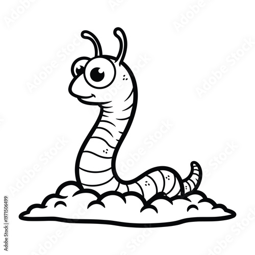 Cute cartoon worm character with large eyes and antennae crawling out of a mound of soil.