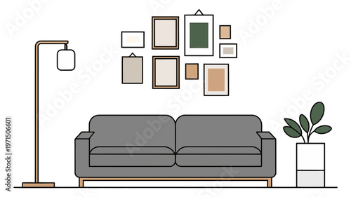 A modern living room features a comfortable grey sofa, a tall floor lamp, a potted plant, and a stylish gallery wall.
