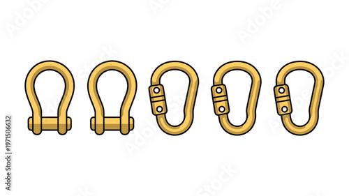 Five golden-hued shackle and connecting link illustrations, each with a secure pin mechanism.
