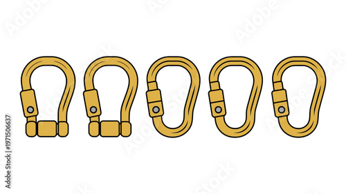 A row of five heavy-duty golden shackles and connecting links for industrial use.