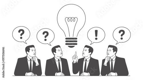 Four diverse businessmen engaged in a brainstorming session with a large illuminating idea bulb.