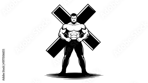 A formidable male bodybuilder flexing his muscles in front of a bold X mark.