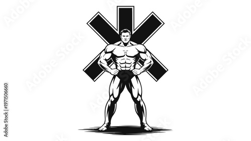 A powerfully built male bodybuilder stands confidently against a prominent X-shaped symbol.
