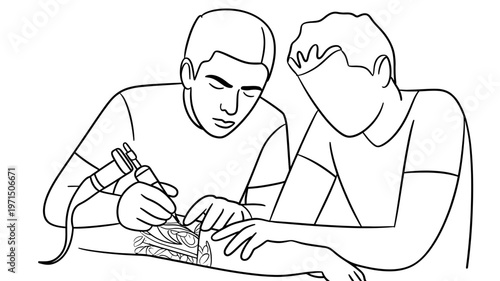 A skilled tattoo artist meticulously applies a detailed design onto a client's forearm.