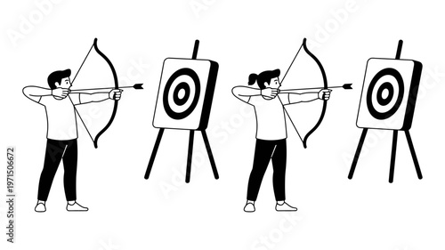 A man and woman in an archery competition aim arrows at targets with focused determination.