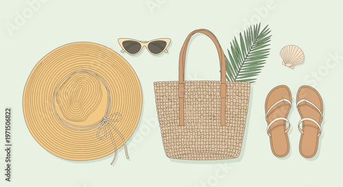 Summer vacation accessories, beachwear items, straw hat, sandals, sunglasses, palm leaf