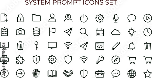 System prompt outline icon set featuring interface controls security communication connectivity symbols for web applications dashboards automation platforms