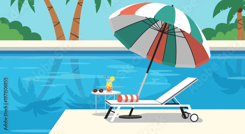 Summer vacation, poolside relaxation, beach umbrella, lounge chair, tropical getaway