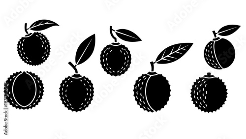 Black Lychee Fruit Icons Set Silhouette Isolated on White Background