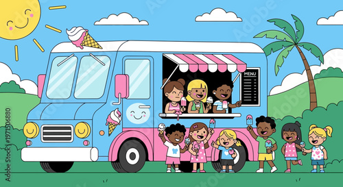 Colorful ice cream truck, kids waiting, summer fun, illustration, vector graphics