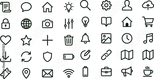 Modern user interface outline icon set featuring communication navigation media files security connectivity symbols for web applications dashboards and mobile platforms