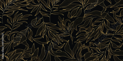 A sophisticated seamless pattern featuring intricate white leaf outlines on a stark black background