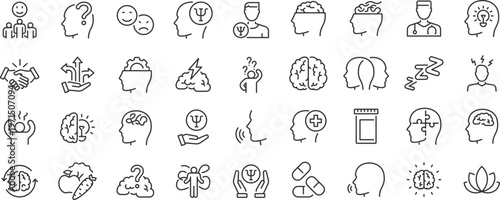 Mental health web 36 icons in line style. Depression, psychotherapy, psychological, bipolar, negative thinking, obsession, collection. Editable stroke.