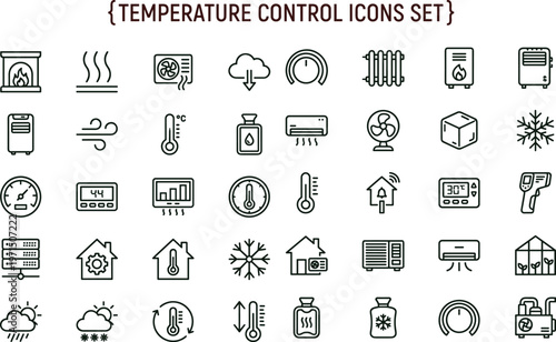 Temperature control outline icon set featuring thermostat heating cooling climate monitoring smart home HVAC interface symbols for automation systems