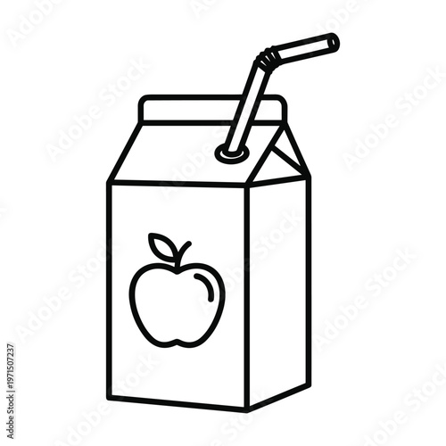 Simple black and white line drawing of a small apple juice carton box with a straw