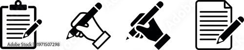 Clipboard and pencil icon set with hand writing symbols representing note taking, editing and office education vector illustration
