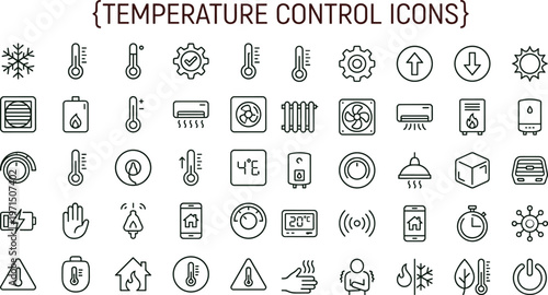 Temperature control outline icon set featuring thermostat climate heating cooling monitoring smart home interface symbols for HVAC systems dashboards