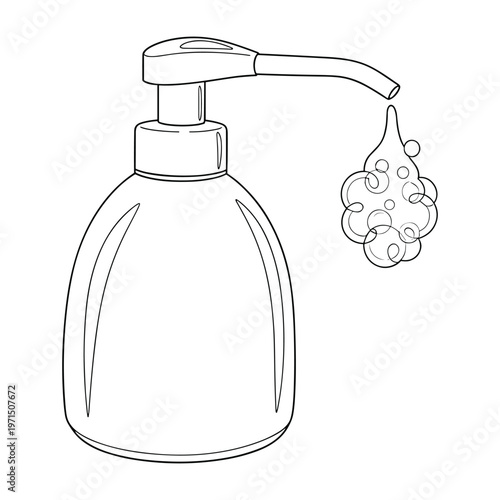A black and white line drawing of a liquid soap dispenser with bubbles coming out of the pump.
