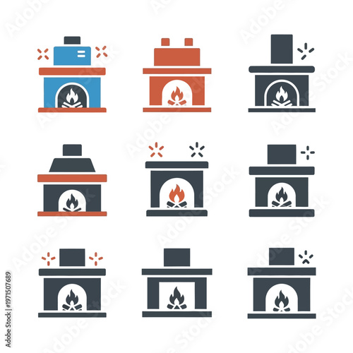 Collection of Fireplace Icons with Burning Flames and Sparks