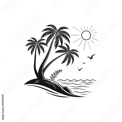 Tropical island paradise illustration with palm trees sun and birds over ocean waves