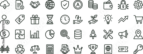 Business finance outline icon set featuring investment analytics security collaboration innovation ecommerce productivity symbols for web applications dashboards
