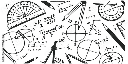 A detailed collection of mathematical sketches including geometric tools and various equations.