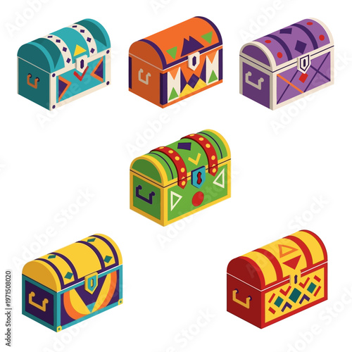 Colorful Treasure Chests Collection, Isometric Vector Illustration