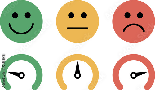 Satisfaction icon set with emoji faces and gauge meters showing happy neutral sad feedback levels for survey analytics illustration