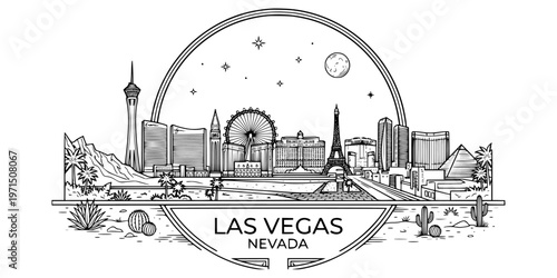 Las Vegas skyline, USA. Vector illustration, line art