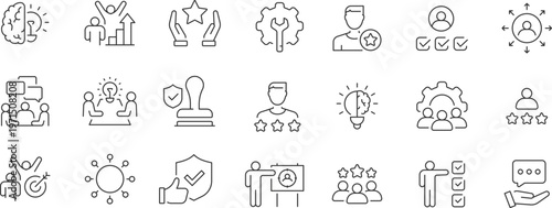 Expert web 21 icons in line style. Competence, advice, knowledge, skill, service. Editable stroke.