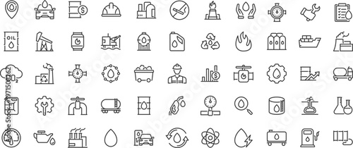 Oil and Gas web 55 icons in line style. Fuel, gas station, refinery, petroleum, oil well, gas pump, energy, barrel, industry, transportation, collection. Editable stroke.