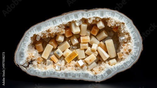  Polished cross-section of a mineral specimen with vari-colored crystals. 