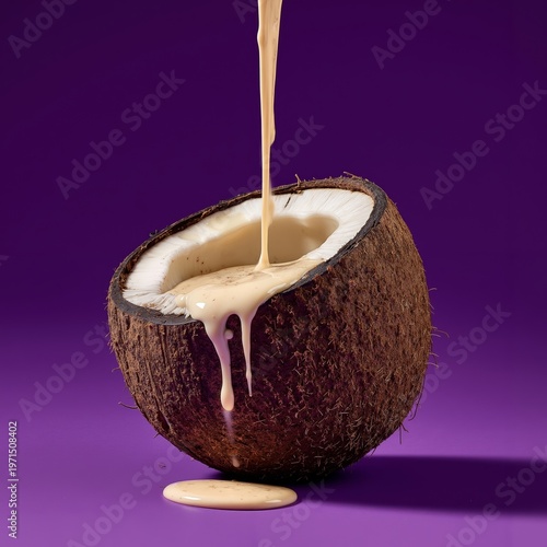 A coconut with a liquid pouring out of it