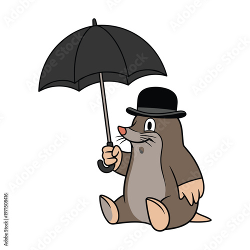 A cartoon mole wearing a black bowler hat and holding a black umbrella on a white background.