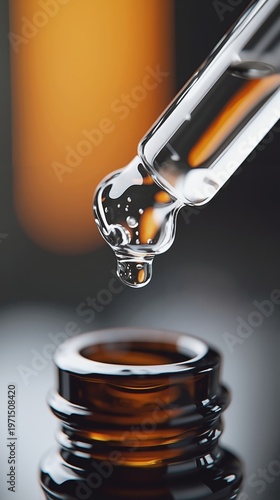 A dropper pouring a drop of liquid into a glass bottle