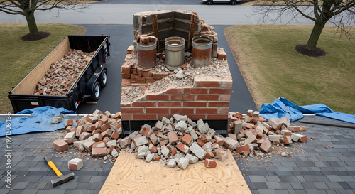 Brick chimney demolition and removal service | Residential roof repair after chimney damage | Home renovation debris in construction dumpster | Professional masonry chimney tear down process
