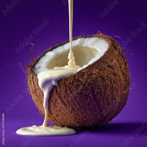 A coconut with milk being poured into it