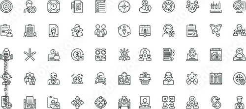 Business operations workflow outline icon set featuring management analytics collaboration strategy monitoring productivity interface symbols for enterprise dashboards platforms