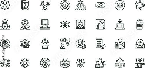 Business analytics management outline icon set featuring strategy collaboration workflow monitoring productivity interface symbols for enterprise dashboards platforms