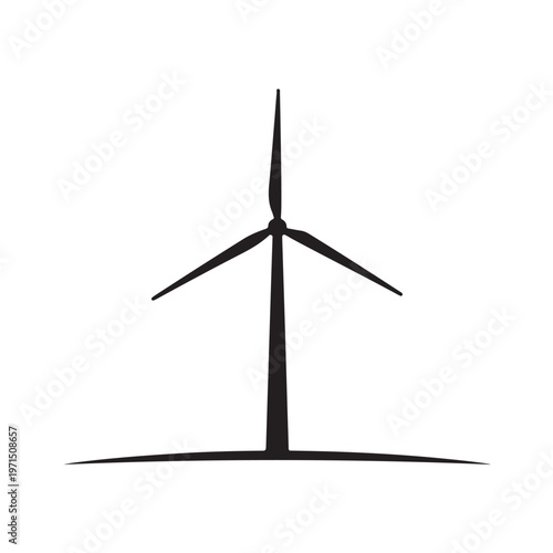 Wind turbine silhouette generating clean energy represents renewable power source and sustainable future with three blades on tall tower over land.