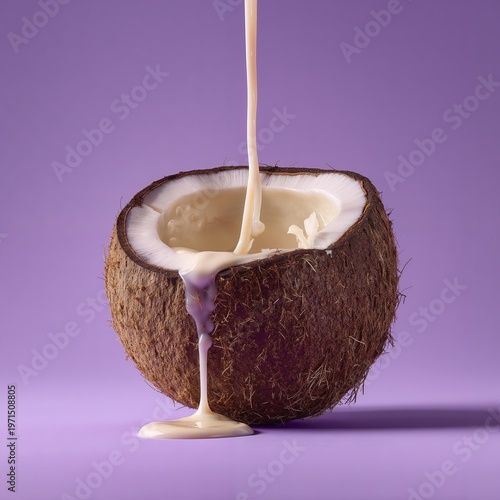 A coconut with milk being poured into it on a purple background