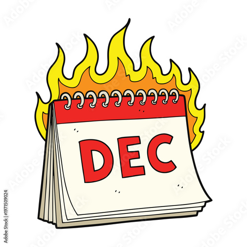 A cartoon illustration of a desk calendar for the month of december that is on fire