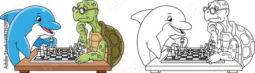Cartoon Dolphin and Wise Turtle Playing Chess Illustration with Coloring Page Version Fun Sea Animals Strategy Board Game Activity for Kids and Education