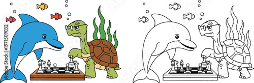 Cartoon Dolphin and Smart Turtle Playing Chess Underwater Strategic Marine Life Fun