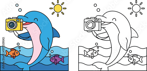 Cute Cartoon Dolphin Photographer Taking Pictures in the Ocean Fun Marine Life Activity